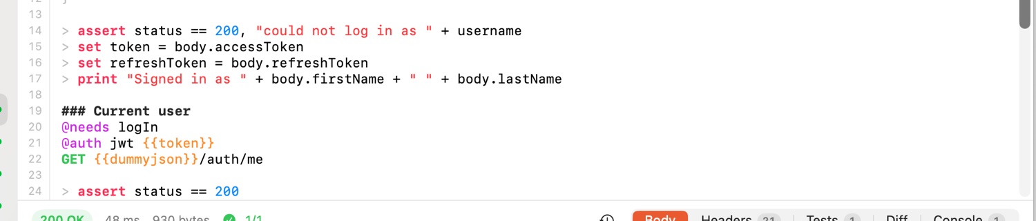 @needs and @auth lines in the file, which the Auth tab writes for you