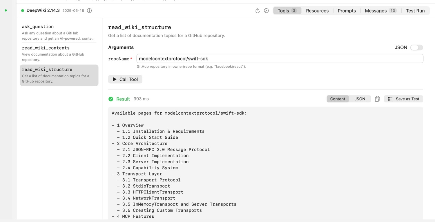 The MCP inspector: the tools a server offers, a form for its arguments, and the result