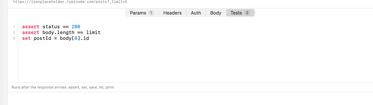 The Tests tab holding assert, set and save lines that run when the response arrives