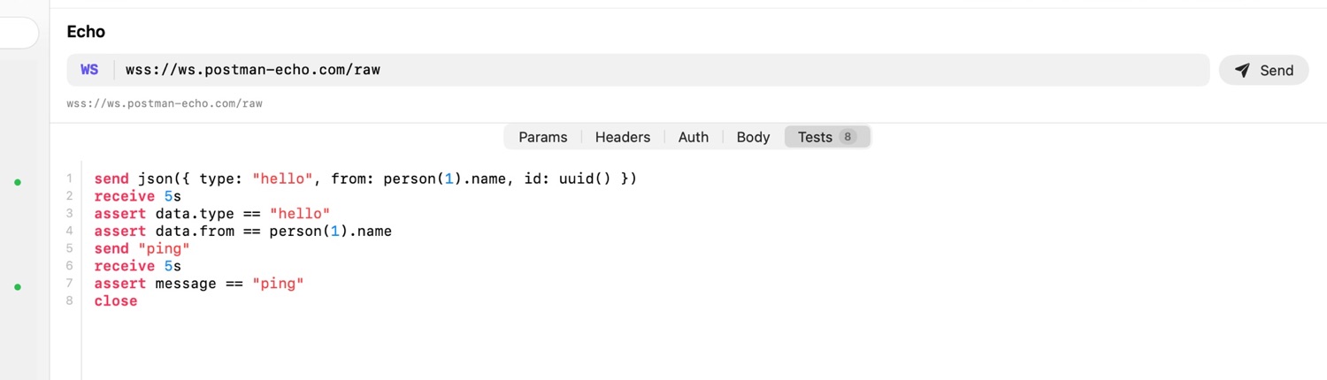 A WebSocket request: send and receive lines, and the messages that came back