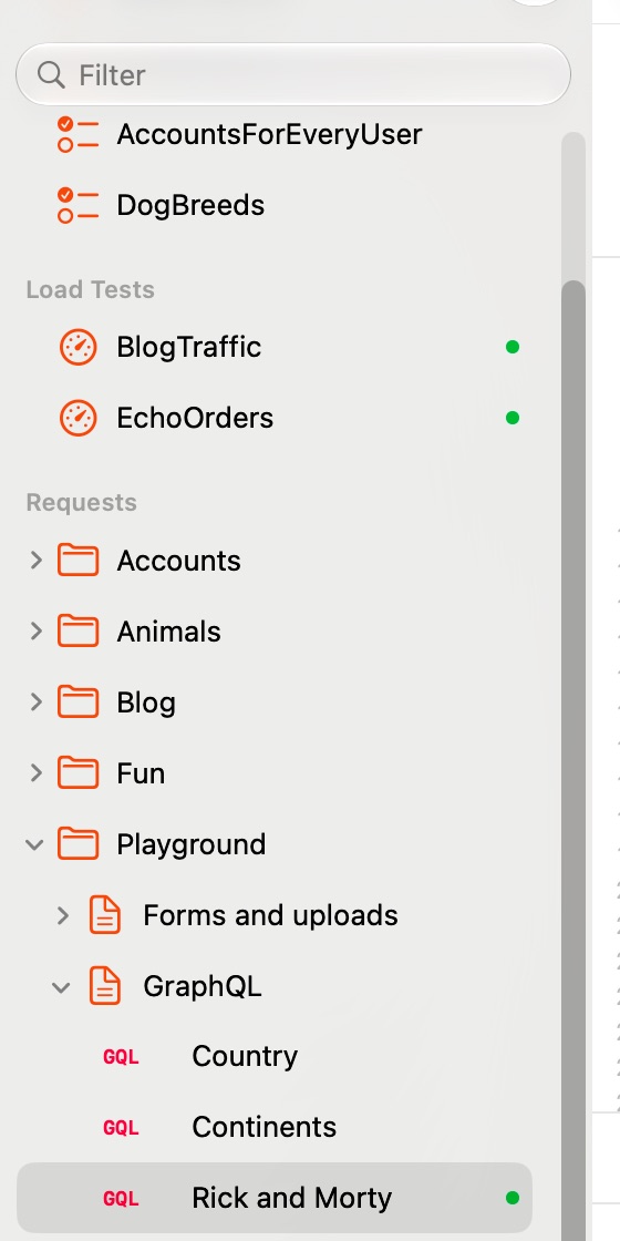 The sidebar: test plans, load tests, then the request files of the workspace