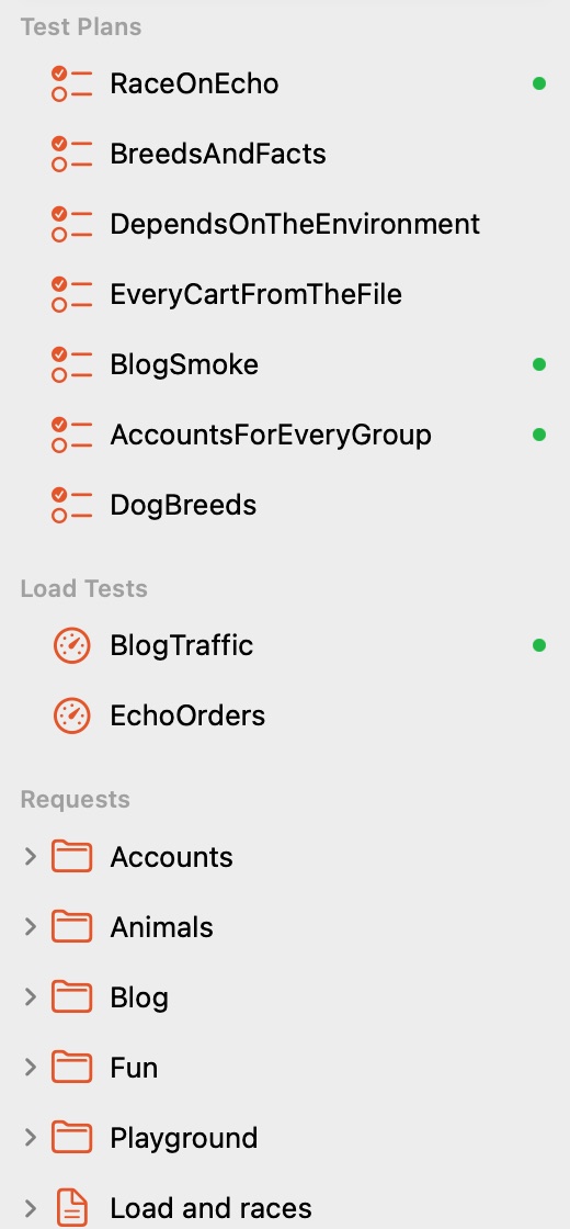 The sidebar: test plans, load tests, then the request files of the workspace