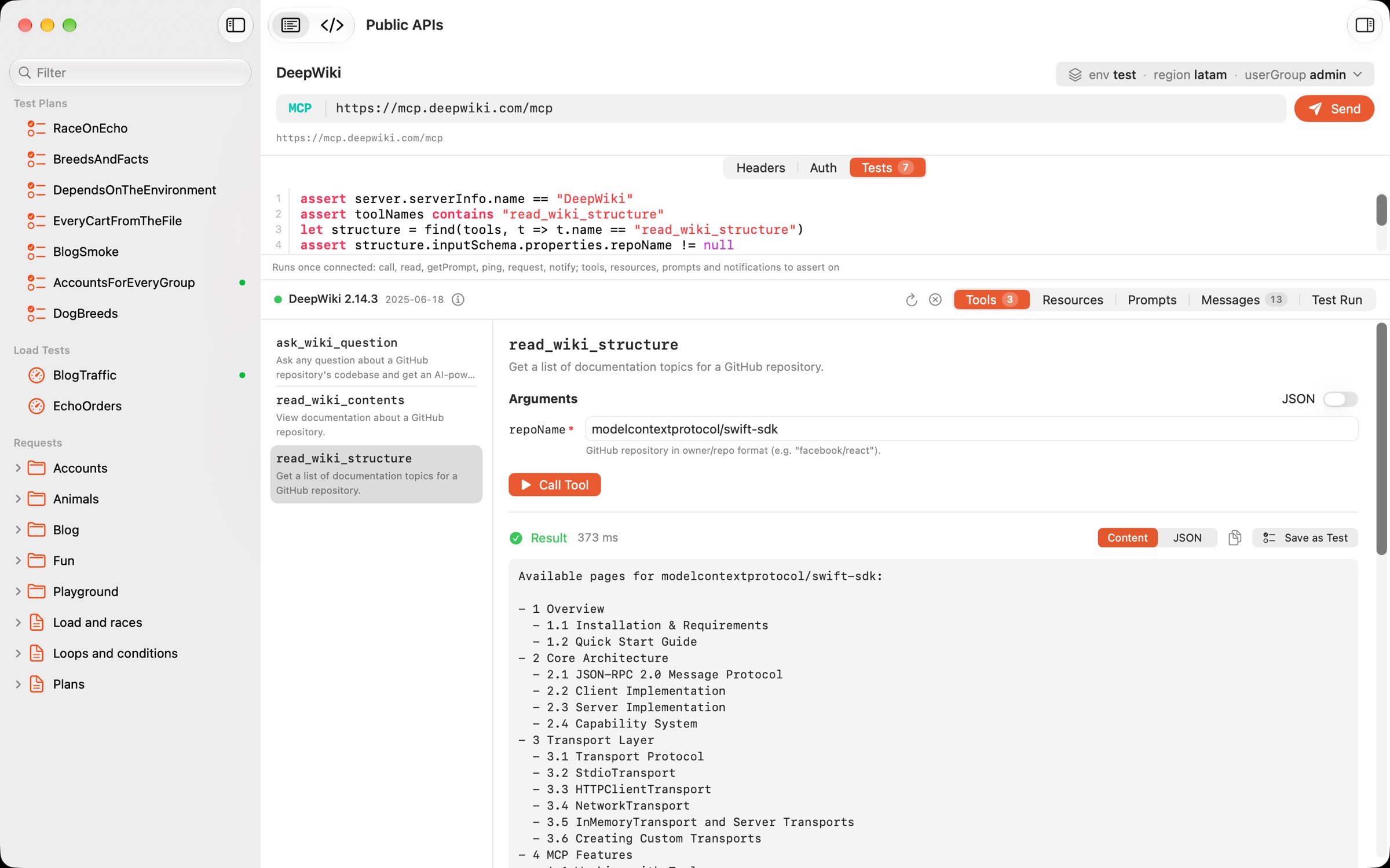 The MCP inspector: a DeepWiki tool called from a form generated from its schema, with the result and a Save as Test button