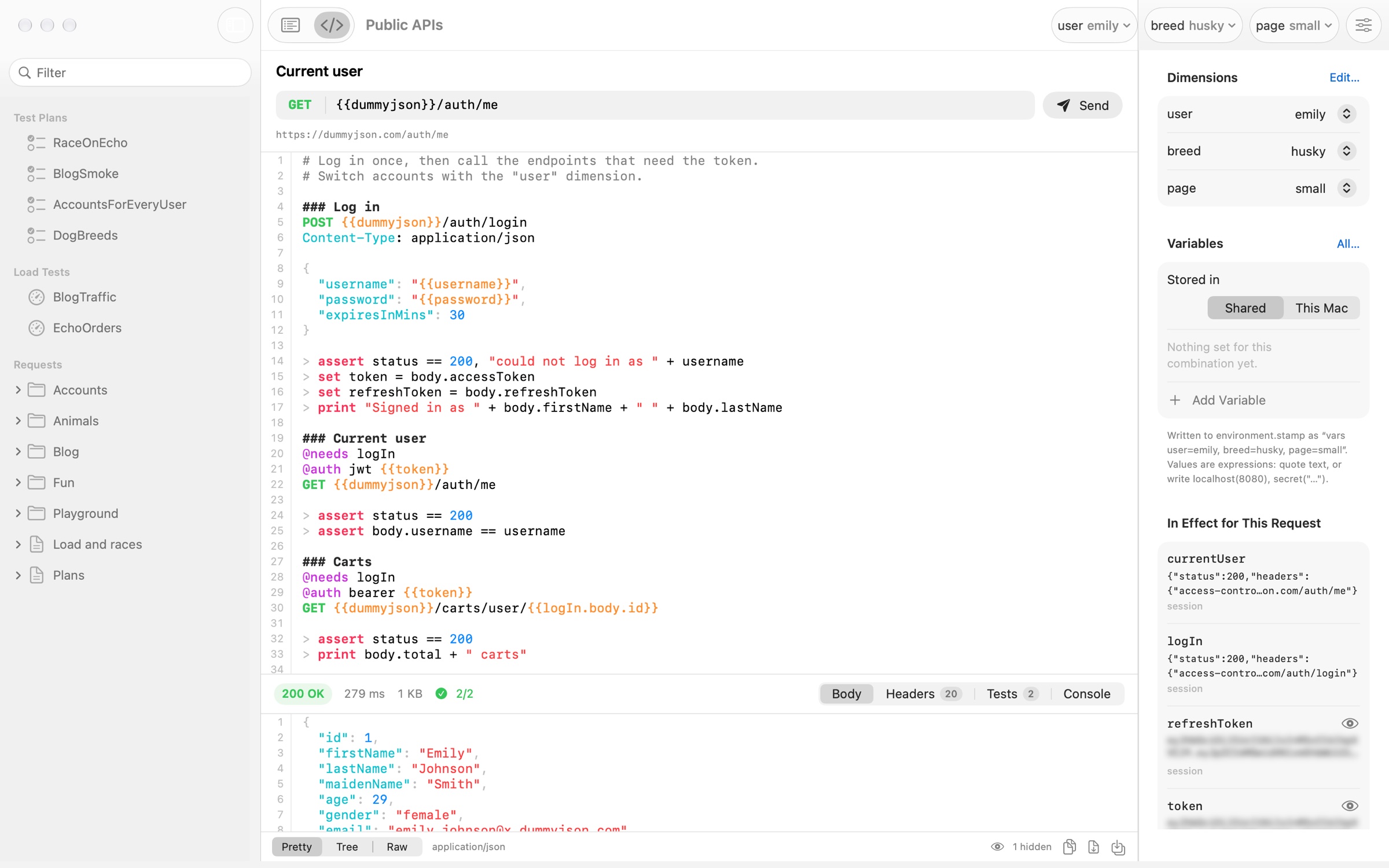 The Stampdrill window: a .stamp file in the source editor, the response below it and the dimensions and variables in the inspector