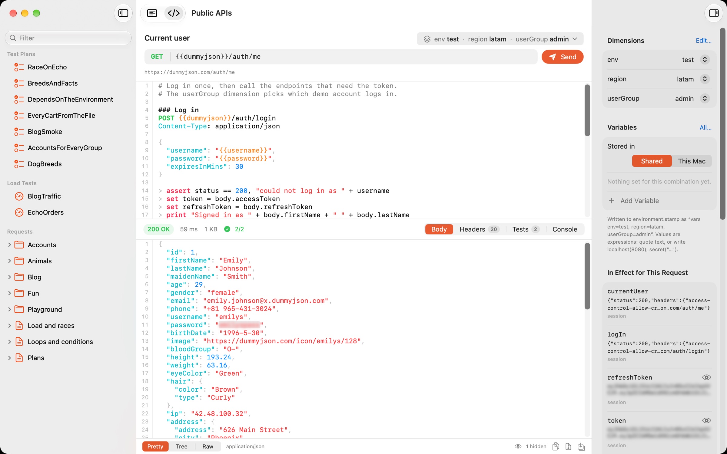 The Stampdrill window: a .stamp file in the source editor, the response below it and the dimensions and variables in the inspector