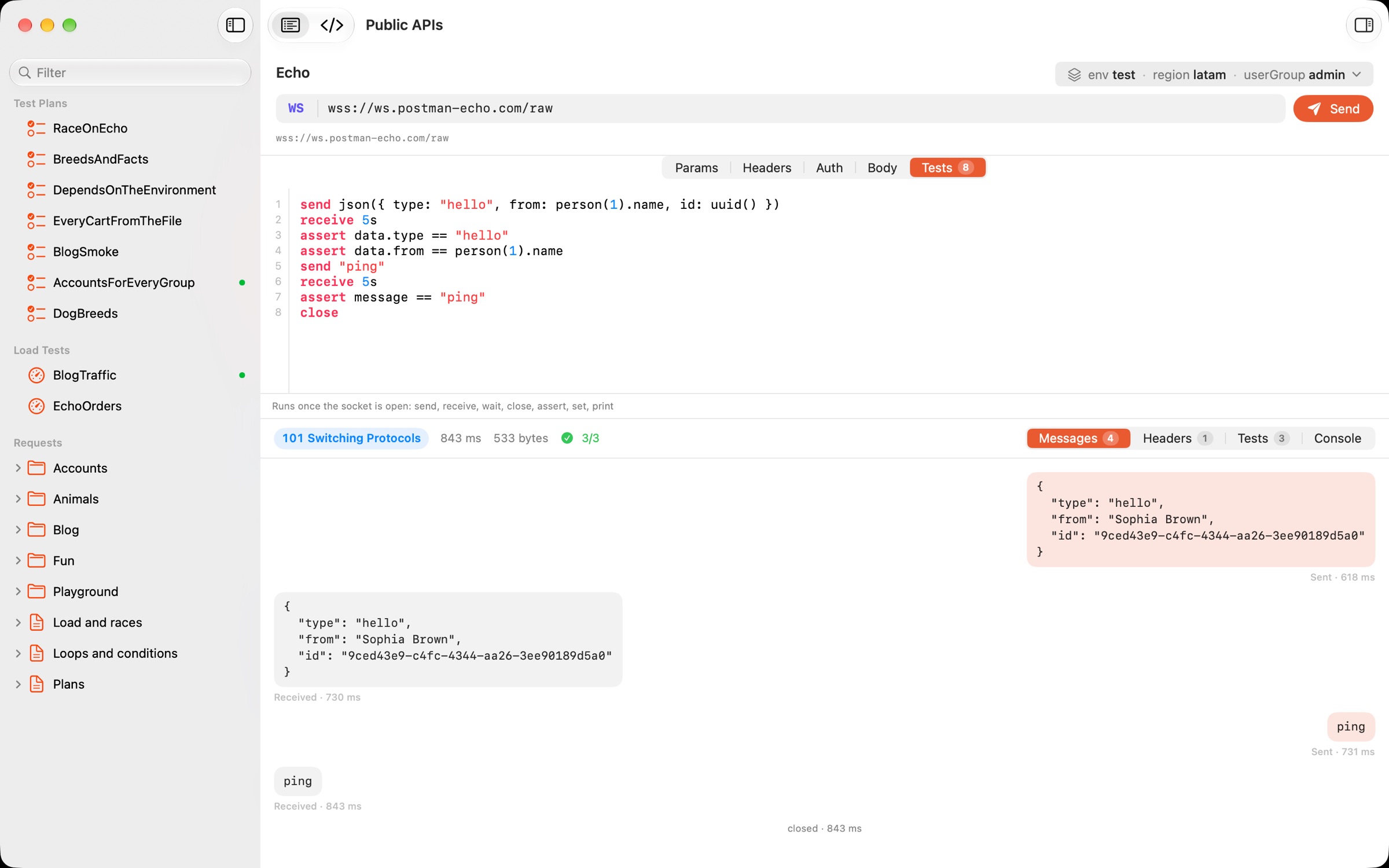 A WebSocket request: its script, and the conversation shown as sent and received messages